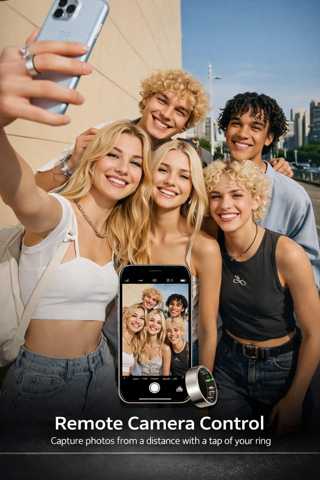 Group of friends taking a selfie with smartphone and ring remote control, cityscape in the background