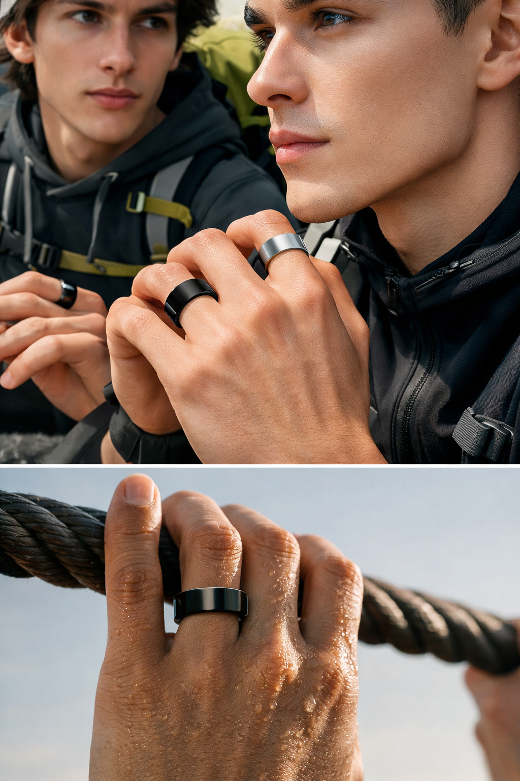 Two people wearing black rings with a close-up of a hand holding a rope.