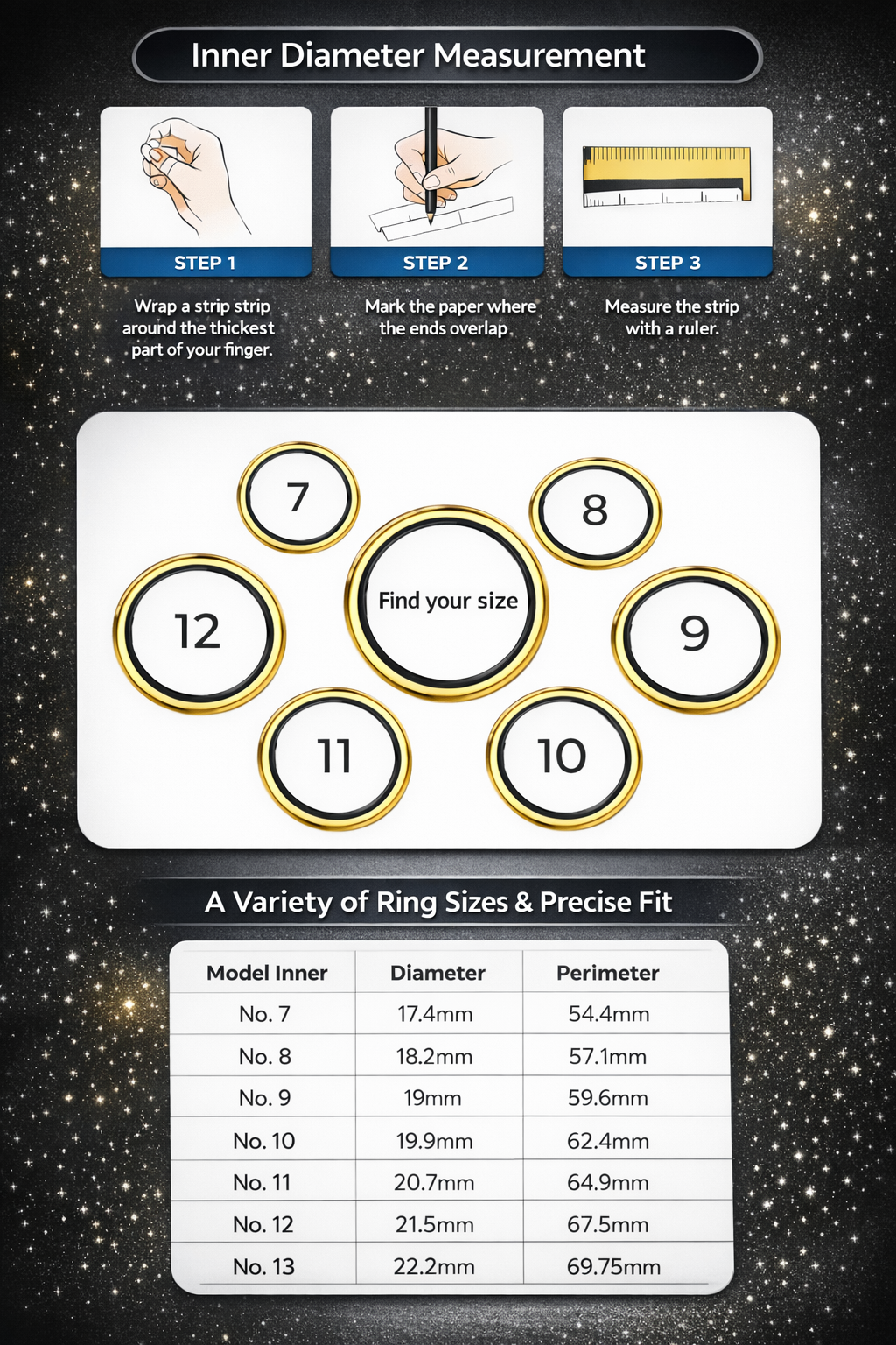 Instructions for measuring ring size with a strip of paper and a ruler, displayed on a starry night background.
